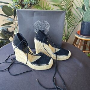 Vince Camuto Black Suede Espadrille Wedge Sandals — Size 7.5
